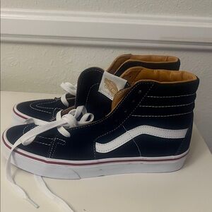 Vans Navy Blue and White High-Tops with Brown Accents